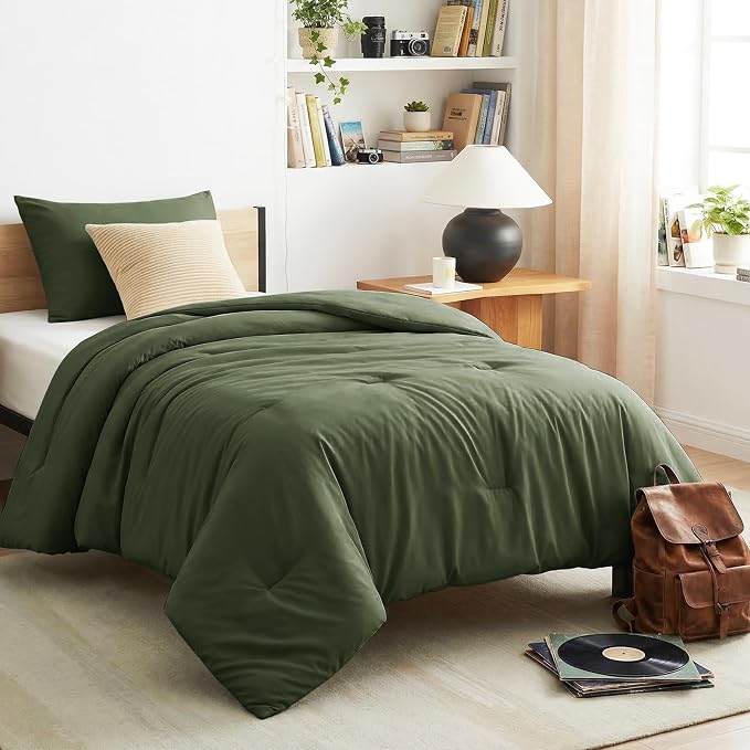 Twin Comforter Set, 2 Pieces Down Alternative Bedding, Olive Green | 270 GSM Twin XL College Dorm Comforter with 4 Corner Ties Use as a Duvet Insert, OEKO-TEX Certified, 1 Pillowcase, 68 x 88 in