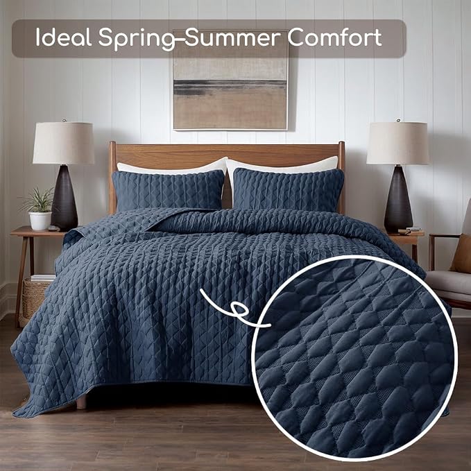 WDCOZY Navy Blue Quilt Queen Size Bedding Sets with 2 Pillow Shams, Lightweight Soft Bedspread Coverlet, Quilted Blanket Thin Comforter Bed Cover, All Season Spring Summer, 3 Pieces, 90x90 inches