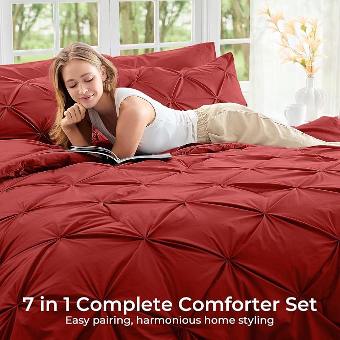 Sasttie Full Size Comforter Set, 7-Piece Bed in a Bag Double, Pintuck Bedding Set for All Season, Includes Comforter, Flat Sheet, Fitted Sheet, Pillowcases and Pillowshams, Red