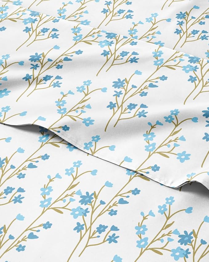 Queen 3 Piece Floral Sheet Set - Soft, Breathable & Cooling - Sea Spring | 1 Flat, 1 Fitted & 1 Pillowcase w/ Deep Pockets, Boho Botanical Floral Bedding, Breathable & Cooling, Wrinkle & Fade Free