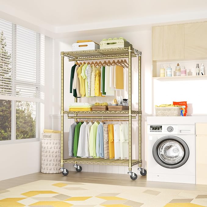 FUTASSI Rolling Clothes Rack, Clothing Racks for Hanging Clothes, Gold | P3 Heavy Duty Garment Rack with Wheels, Freestanding Portable Closet Racks 39.4'' W x 14'' D x 78.5'' H, Max Load 470 LBS