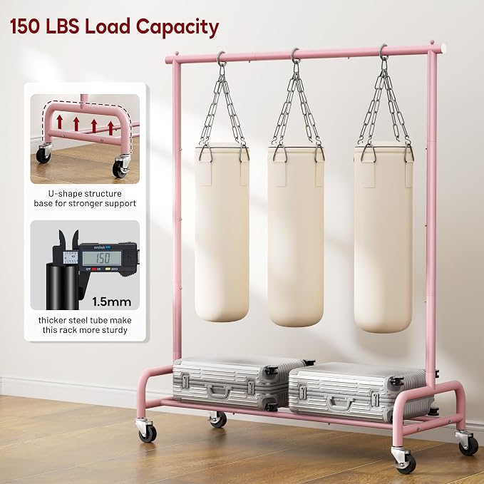 SLEEPING LAMB Heavy Duty Clothing Racks for Hanging Clothes Rack, 43" Wide Rolling Garment Rack Metal Clothing Hanger Rack with Wheels Wardrobe Rack for Coats, Shirts, Dress (Pink)