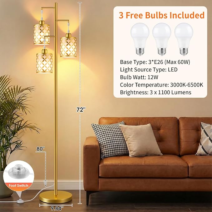 72" Dimmable Floor Lamp with Remote & Timer, Modern Light Luxury Standing Lamp for Living Room Bedroom, 3 Individually Controlled Heads, 2 Height Options, 3x 1100LM LED Bulbs Included -Gold