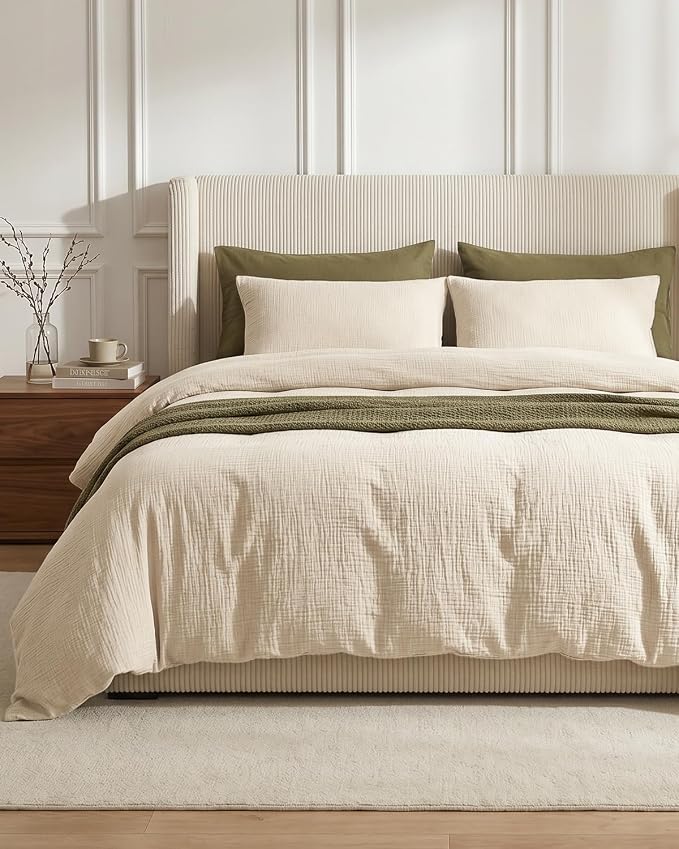 SE SOFTEXLY Muslin Duvet Cover King Size, 100% Washed Cotton Duvet Cover Set, Ultra Soft Comforter Cover Linen Like, 3 Pieces Minimalist Gauze Duvet Cover with 2 Pillowcases, 90"x104", Off-White