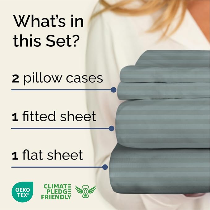 Queen 4 Piece Striped Sheet Set - Breathable & Cooling - Greeny Stripes | 1 Flat, 1 Fitted & 2 Pillowcases w/ Deep Pockets, Luxury Striped Bedding, Soft, Breathable & Cooling, Wrinkle & Fade Free
