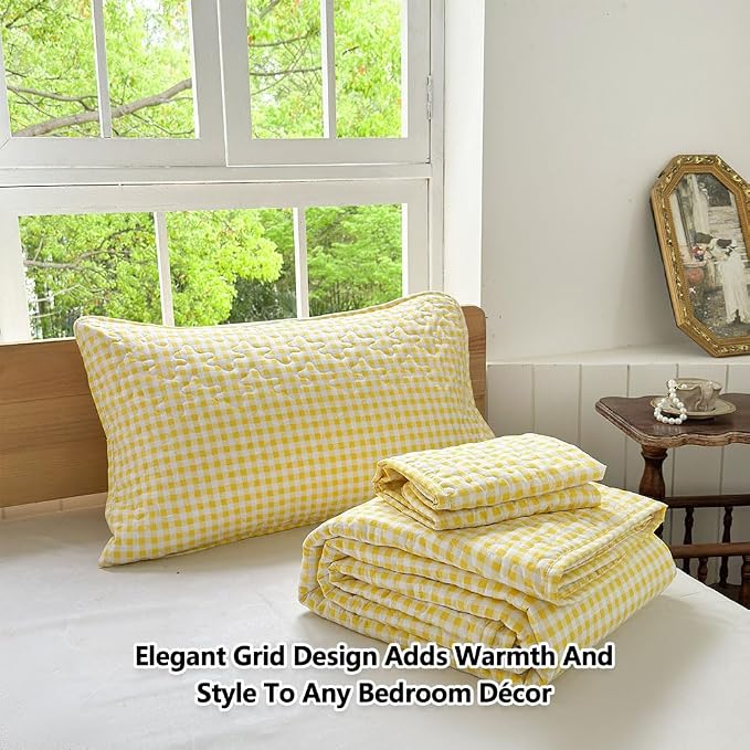 NSNLGSGC Yellow Gingham Twin Summer Bedspread Quilt Set | Pre-washed Microfiber,Lightweight Checked Grid Bedding Coverlets for All Seasons