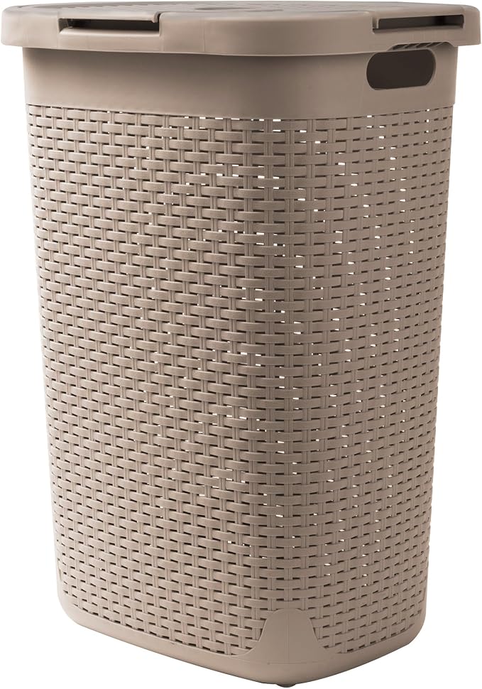 Mind Reader Slim Laundry Hamper with Lid, 60L Tall Clothes Basket, Narrow Tapered Design for Bathrooms, Closets and Laundry Rooms, Plastic, Tan