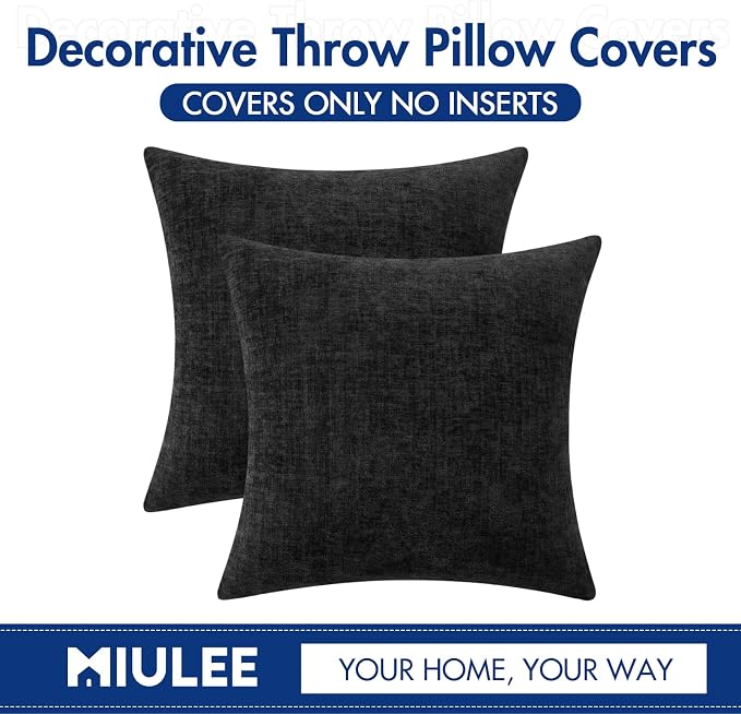 MIULEE Soft Chenille Throw Pillow Covers Black 16x16 Inch Pack of 2 | Modern Home Decor, Classic Decorative Pillows, Solid Dyed Cases, Boho Couch Cushion Covers for Sofa Bed Living Room