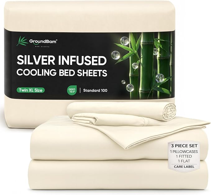 Silver Infused Bed Sheets Set, Temperature-Regulating Fabric with Self-Cleaning Technology for 3X Freshness Sleep, Genuine Organic Viscose Derived from Bamboo (TwinXL, OffWhite)
