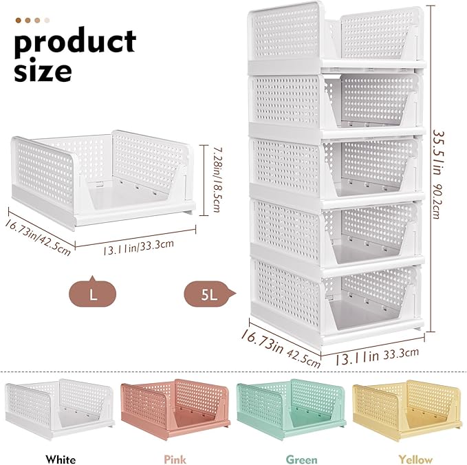 8 Pack Closet Organizers and Storage, Stackable & Foldable Closet Bins | Closet Storage Basket for Bathroom, Kitchen, Laundry Room, Drawer Shelf & Wardrobe Storage, Space-Saving Design, White