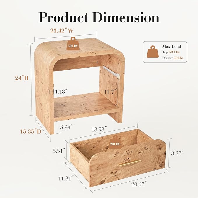 Night Stand Set of 2 [Unique Curved Profile] [FSC-Certified Wooden Board] 1-Drawer and 1 Storage Shelf Nightstand 24" H Metal Handle Modern Bedside Table Side Table End Table | [Curved Profile] [FSC-Certified Wooden Board] Nightstand 24" H Metal Handle...
