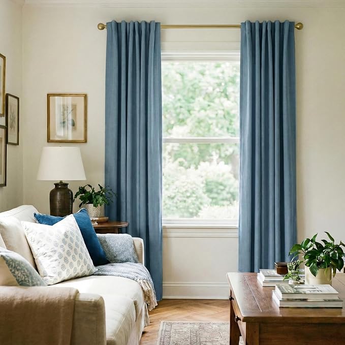INOVADAY 100% Blackout Linen Curtains for Bedroom 50x90 Inches Slate Blue | Linen Textured, Light Blocking, Room Darkening, Thermal Insulated, Back Tab Top, Window Curtains for Living Room, 2 Panels