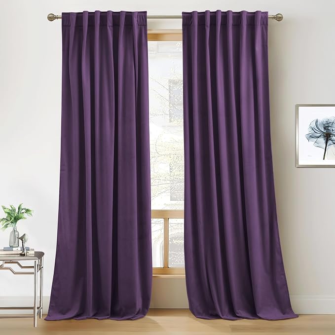 RYB HOME Velvet Curtains 102 inches Long, Extra Long High Ceiling Curtains | Thermal Insulated, Luxurious Home Decor, Curtains for Apartment Loft Large Windows, W52 x L102, Purple, 2 Panels Set