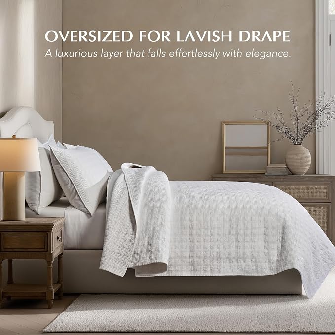 EVERGRACEHOME Cotton Sateen Windowpane Quilt Set King Size, Bright White | 100% Cotton, Pre-Washed Soft Coverlet Bedspread, 3-Piece Lightweight Bedding Set for All Season, with 2 Pillow Shams