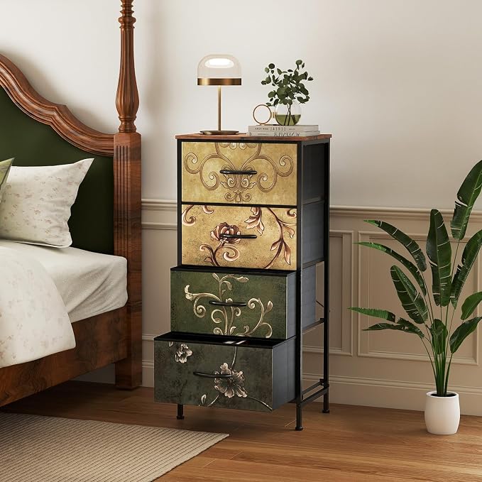 DUMOS Nightstand, Bedside Table with 4 Fabric Drawers | Night Stand with Removable Bins, Steel Frame Wood Top, Small Dresser for Bedroom Closet, Storage Tower, Floral Painted