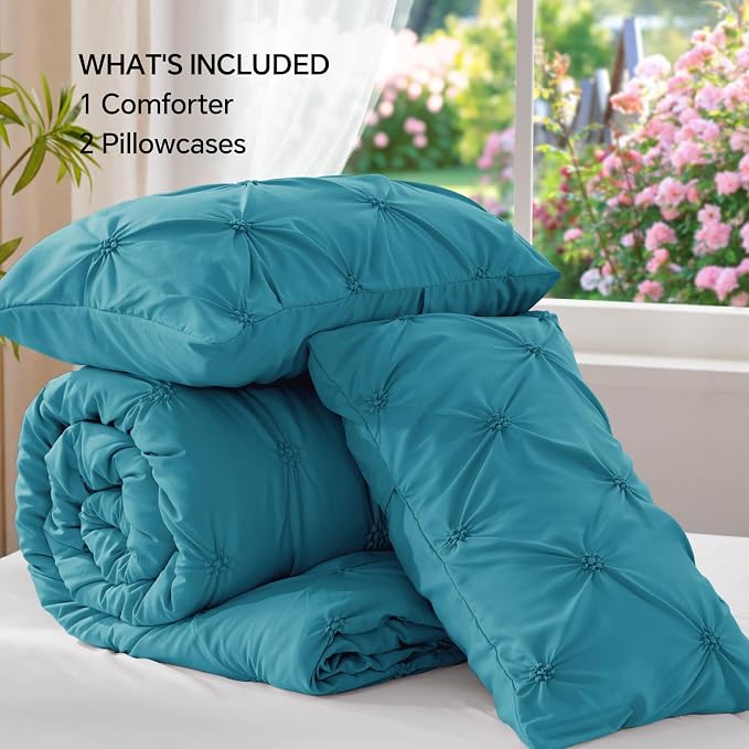 BEDELITE Queen Comforter Set Teal,Lightweight & Soft Comforter | Pintuck Boho Bedding, Warm & Cute Bed Set for All Season,With 2 Pillowcases