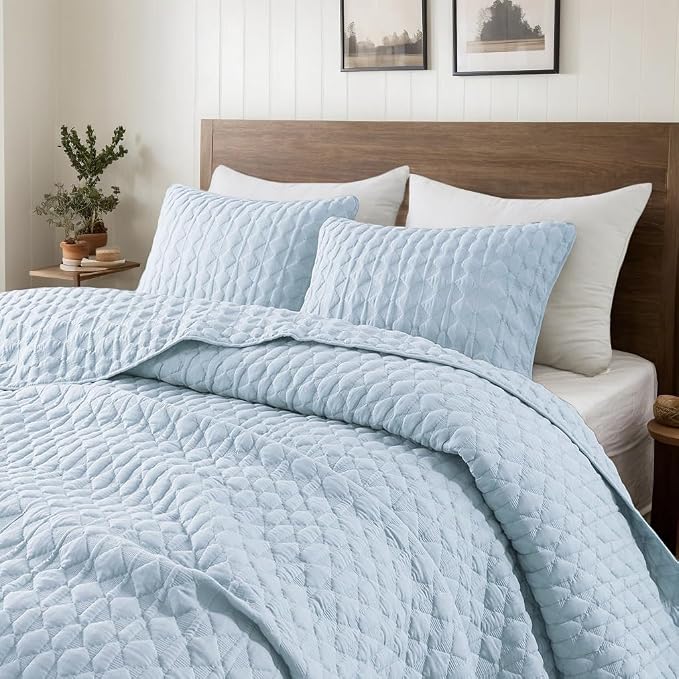 WDCOZY Light Blue Quilt Twin Size Bedding Set with 1 Pillow Sham, Lightweight Soft Bedspread Coverlet, Thin Comforter Bed Cover for All Season, 2 Pieces, 68x90 inches