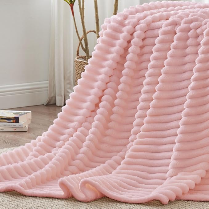 BEDELITE King Size Blanket for Bed, 300GSM Soft & Warm Fleece Blanket, Decorative and Giftable Striped Pink Blankets for Women, Men, 108"x90"