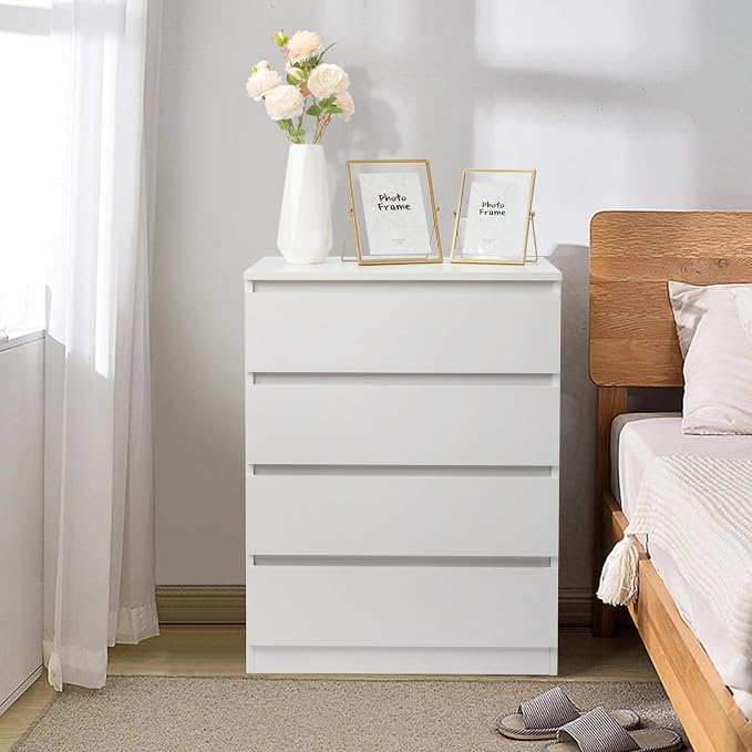 Vibe & Dine 4 Drawer Dresser, Modern Chest of Drawers Without Handle, Wooden Tall Nightstand for Bedroom, White