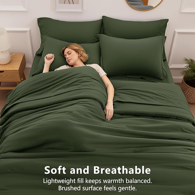 HIMEET Oversized King Comforter Sets, 7-Piece Point-Quilted, Olive Green | OEKO-TEX Certified, Lightweight 240 GSM Comforter, Flat Sheet, 14-Inch Deep-Pocket Fitted Sheet, Pillowcases & Shams