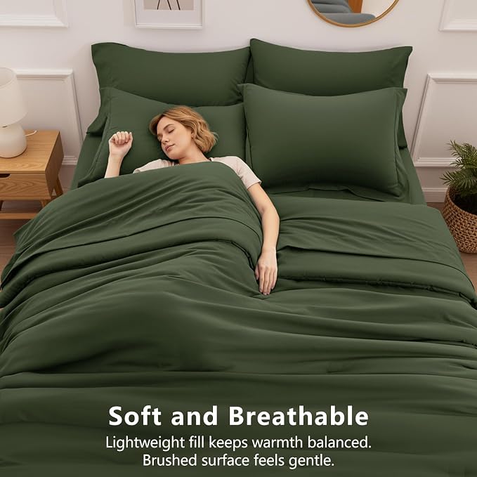 HIMEET King Comforter Set, 7-Piece Point-Quilted Bed in a Bag, Olive Green | OEKO-TEX Certified, Lightweight 240 GSM Comforter, Flat Sheet, 14-Inch Deep-Pocket Fitted Sheet, Pillowcases & Shams