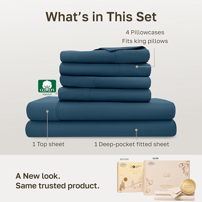California Design Den 100% Cotton Sateen King Size Sheets, 6 Pc Set | 6 Pc with 4 Pillowcases, 400 Thread Count Backed by Good Housekeeping Seal, 16" Deep Pocket, All-Around Elastic, Peacock Blue