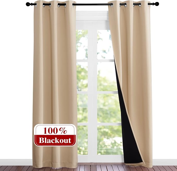 NICETOWN Biscotti Beige Curtains for Living Room 37" w x 84" L 2 Panels | Completely Shaded Draperies Privacy Protection Noise Reducing Black Lined Insulated Window Treatment Panels for Patio Door