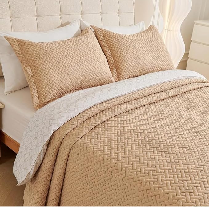 Legacy Decor Bedspread Coverlet 3 Pcs Set Oversized 100" W x 106" L Queen Size Beige Color
