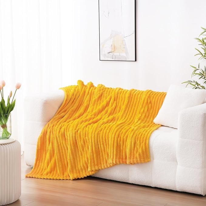 Gold Fleece Throw Blanket 60”×80” for Couch Sofa Livingroom | Super Soft Cozy Plush Microfiber Flannel Bed Blanket Striped Design Lightweight Home Decor Gifts for Adults Mom Women