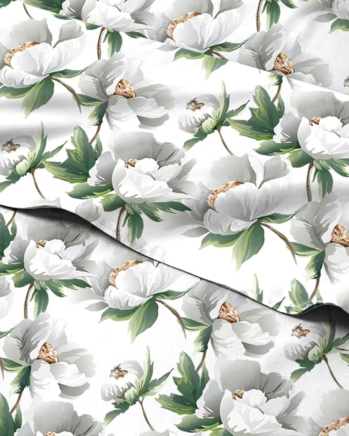 Twin 3 Piece Floral Sheet Set - Breathable & Cooling - White Peony Bloom | 1 Flat, 1 Fitted & 1 Pillowcase w/ Deep Pockets, Boho Botanical Floral Bedding, Breathable & Cooling, Wrinkle & Fade Free