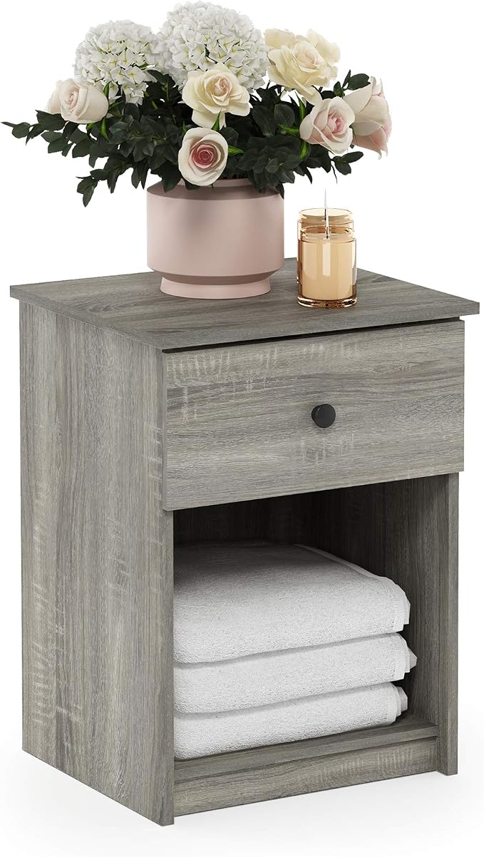 Furinno TIDUR Set of 2 Night Stand with Drawer, French Oak | Knob Handle Drawer, Modern Nightstand with Storage Shelf, Bedside Table, End Table, Side Table, for Bedroom, Closet, Dorm