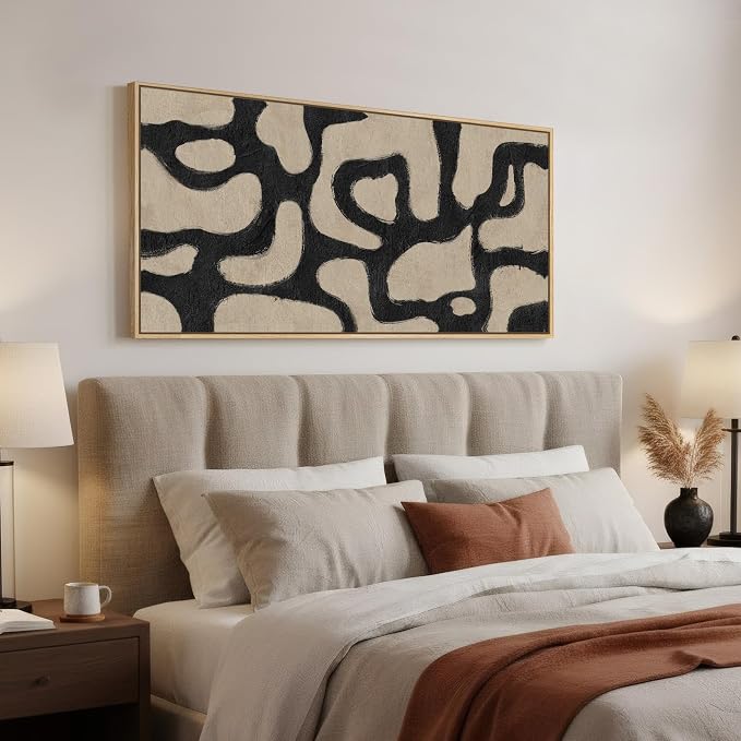 Large Framed Modern Abstract Horizontal Wall Art for Living Room, 60x30 In | Extra Large, Black and beige, Modern, Minimalist, Canvas artwork, Dining room decor, Bedroom art, Office decor, Ready to hang