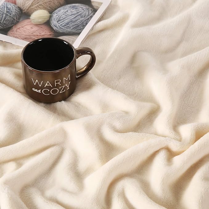 TASTHROW Large Flannel Fleece Throw Blanket, 50×70 Inch | Cozy Lightweight Thick Blanket - All Seasons Suitable for Women, Men and Kids (Two Pack, Creamwhite)