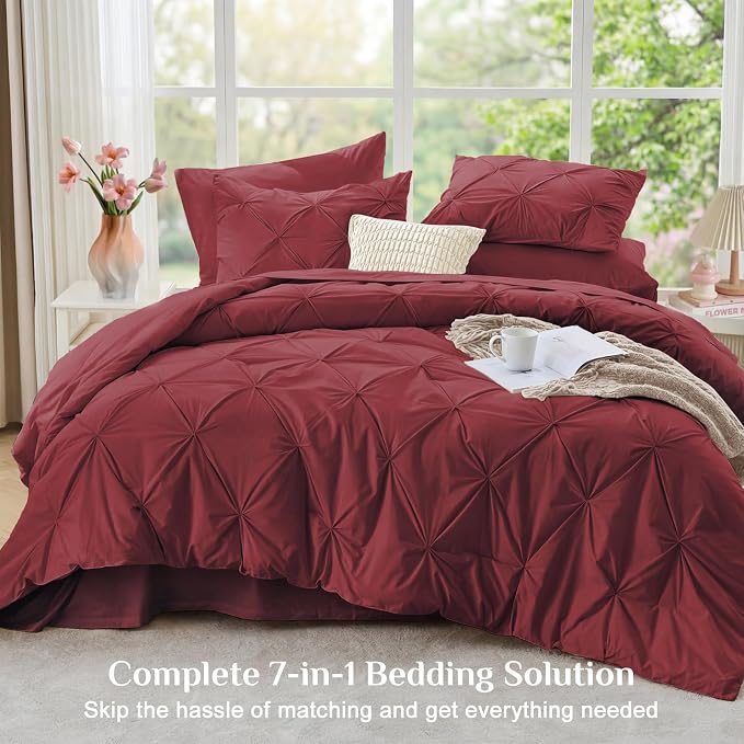 JOLLYVOGUE King Size Comforter Set 7 Pieces - Bed in a Bag King for All Season, Pintuck Bedding Comforter Sets with Comforter, Flat Sheet, Fitted Sheet and Pillowcases & Shams, Burgundy