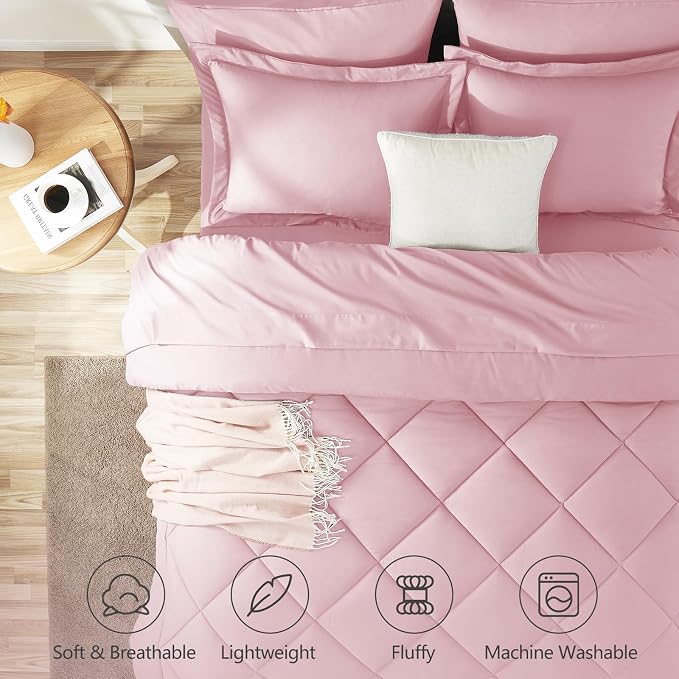 Queen Comforter Set with Sheets Pink - 7 Pieces Bed in a Bag | OEKO-TEX Certified, All Season, 240GSM Down-Alternative Comforter, Sheets, Pillowcases & Shams, 14" Deep Pocket, Easy Care