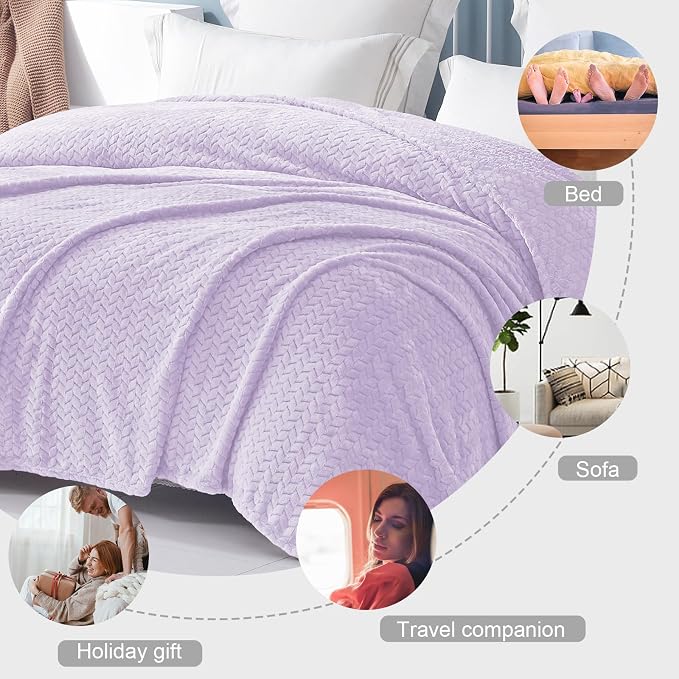 Exclusivo Mezcla Soft Fleece Bed Blanket King Size, 90”x104”, Lilac Purple | Cozy Fluffy Lightweight Blankets for Summer, Decorative Plush Flannel Throws for Living Room, Bedroom with Leaves Pattern