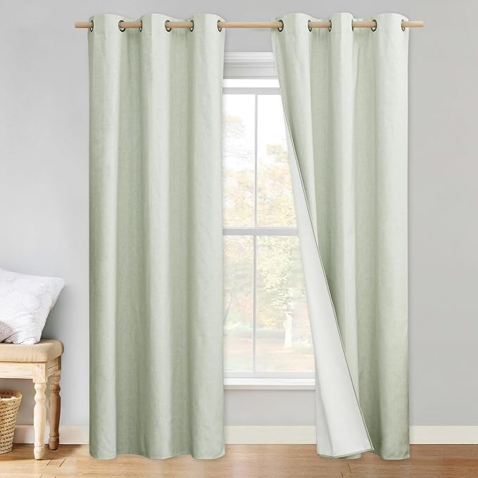 NICETOWN Sage Green Blackout Curtains for Boy's Room 52" w x 80" L 2 Panels | 100% Light Blocking Linen Texture Thermal Insulated Full Room Darkening 2-Layer Lined Draperies, Energy Efficiency Decor
