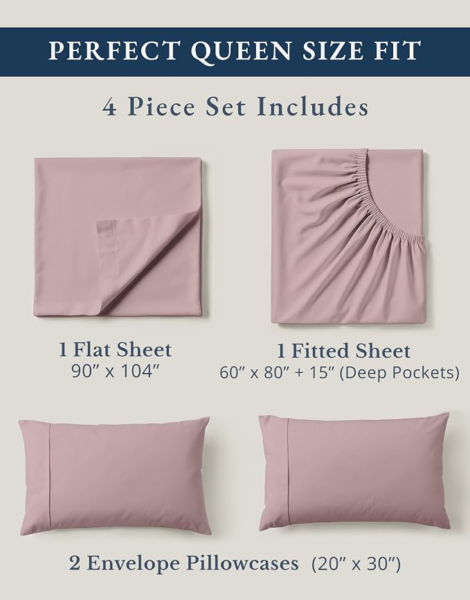 LANE LINEN Queen Sheet Set 100% Organic Cotton Soft 4pc Percale - Lilac | Queen Sheet Set, Organic Cotton Percale - Crisp, Cool & Breathable, For Hot Sleepers, All-Season Comfort, For Master Bedrooms