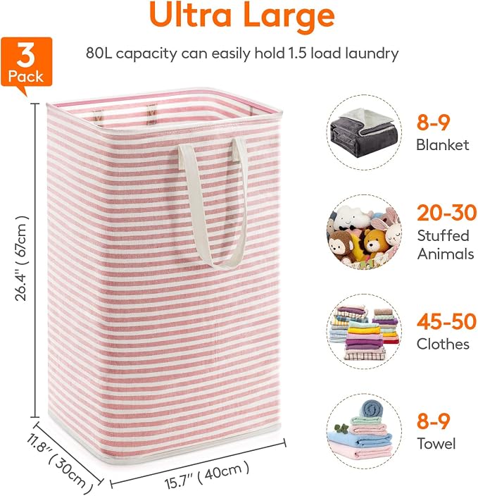 Lifewit 3 Pack Laundry Basket 80L Each, Collapsible Clothes Hamper with Reinforced Handles, Freestanding Waterproof Design for Bedroom and Laundry Room, Pink 240L Total