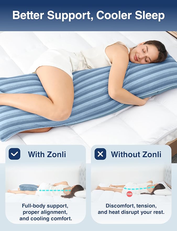 ZonLi Cooling Body Pillow for Adults, Breathable Cooling Fabric with Firm Memory Foam Support, Long Body Pillow for Side Sleepers, Gift for Men Women, 20 x 54 Inch, Light Blue