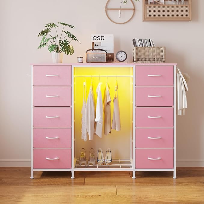 LUMTOK 55"W Dresser with Hanging Rack,10 Fabric drawers & Hooks for Bedroom | Pink 10 Drawers Dresser with LED Lights, Charging Station,chest of drawers with wooden top for clothing storage organization