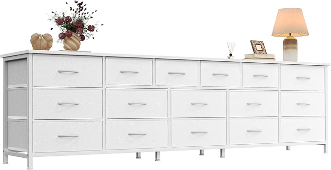 Huuger 77.6" Long Dresser for Bedroom, 16 Drawer Fabric Dresser for Closet, Wide Chest of Drawers with Storage, TV Stand for 65, 75, 85 Inch TV, 77.6" W x 13" D x 26.4" H, White