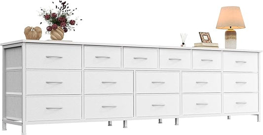 Huuger 77.6" Long Dresser for Bedroom, 16 Drawer Fabric Dresser for Closet, Wide Chest of Drawers with Storage, TV Stand for 65, 75, 85 Inch TV, 77.6" W x 13" D x 26.4" H, White