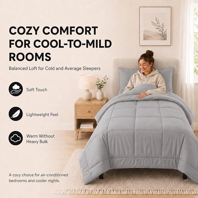 Twin Comforter Set French Grey - 5 Pieces Bed in a Bag | OEKO-TEX Certified, All-Season, Student, Single, Dorm, Down-Alternative Comforter, Flat & Fitted Sheets, 2 Pillowcases