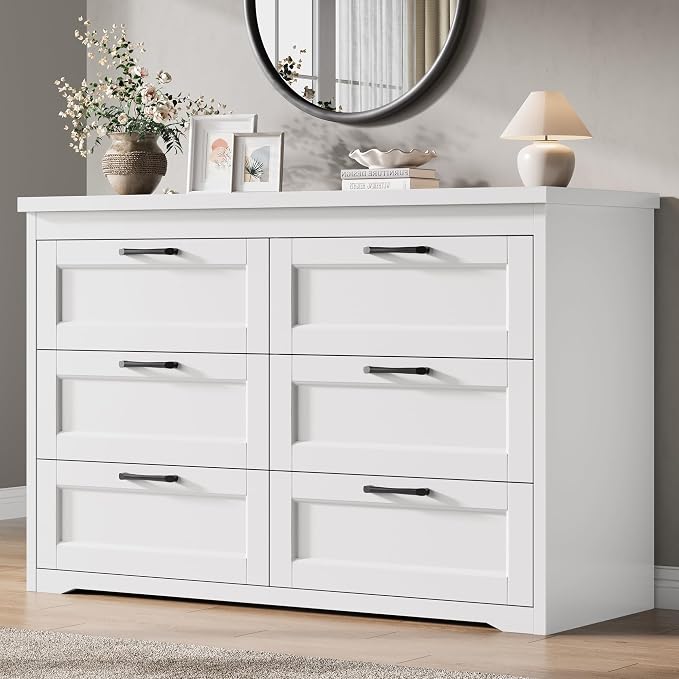 Jocoevol White 6 Drawer Dresser for Bedroom, 47.2" Modern Chest of Drawers | Wooden Storage Dresser with Mental Handle, Large Double Dresser with 5.9" Deep Drawers for Living Room, Hallway Entryway