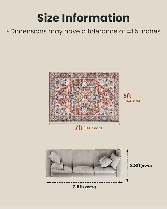AMADA HOMEFURNISHING 5x7 Area Rugs, Washable Living Room Rug Low-Profile with Non-Slip Backing & Durable Edge Binding, Vintage 5x7 Rugs for Living Room, Bedroom, Dinning Room
