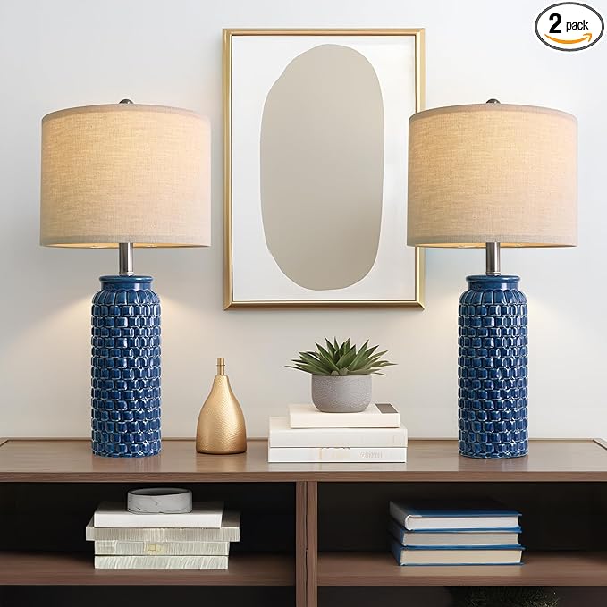 USumkky 24 inches Modern Ceramic Dark Blue Bedside Lamp Set of 2 for Bedroom Decor Farmhouse Table Lamp for Living Room Office Dorm