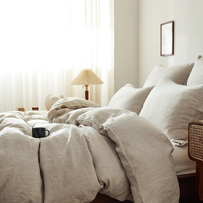Simple&Opulence 100% Linen Duvet Cover Set 3pcs Basic Style Natural French Washed Flax Solid Color Soft Breathable Farmhouse Bedding with Button Closure - Linen, Queen