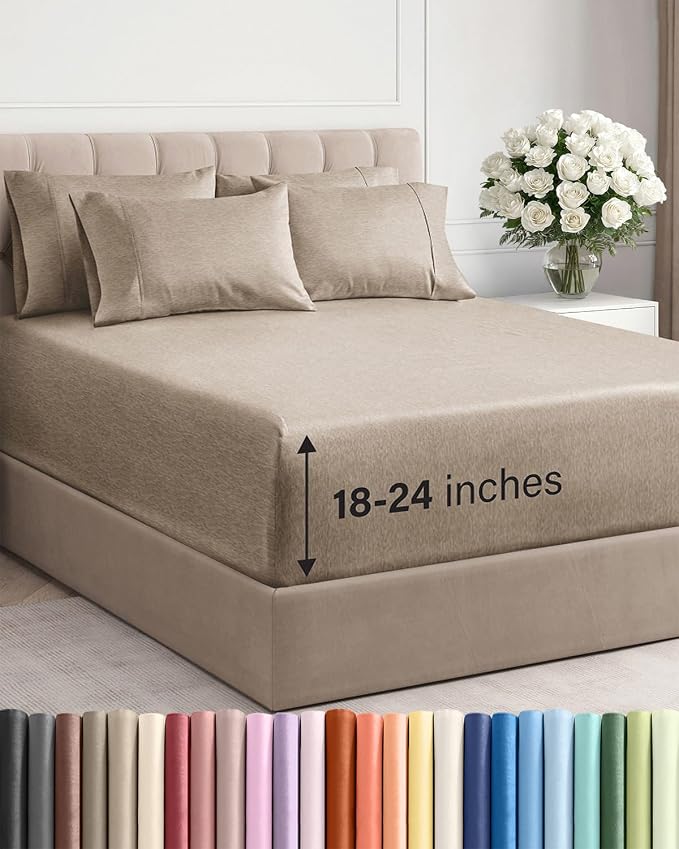 Extra Deep King Sheet Set - 6 Piece Breathable & Cooling - Heathered Beige | Hotel Luxury Bed Sheets Set, Easy & Secure Fit, Ultra-Soft, Wrinkle & Fade Free, Comfy Sheets Set with Extra Deep Pockets