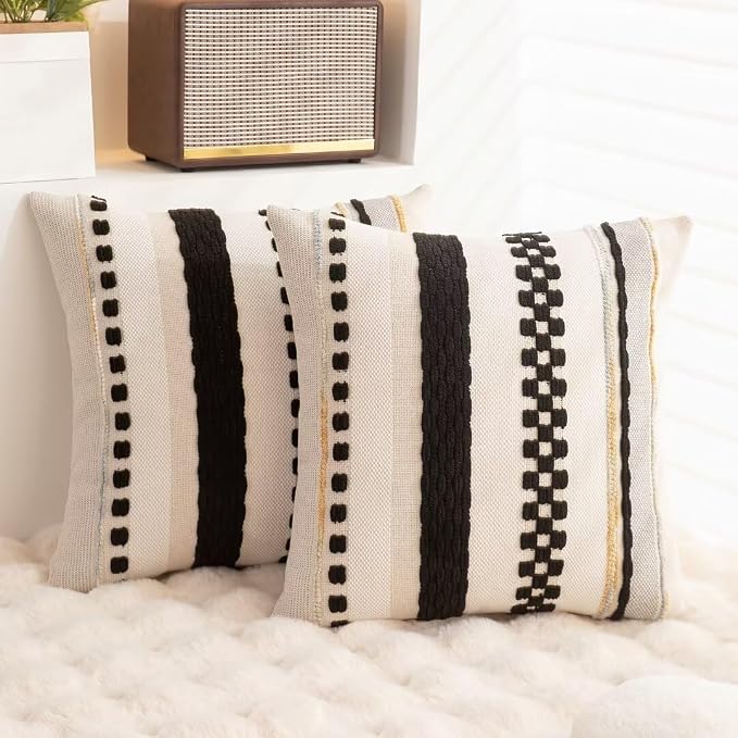 Boho Throw Pillow Covers Decorative Neutral Farmhouse Pillow case | 18x18 Set of 2 Cushion Case Striped Square Pillows Cover Couch Pillow Cases Accent Pillowcase for Sofa Bed,Black